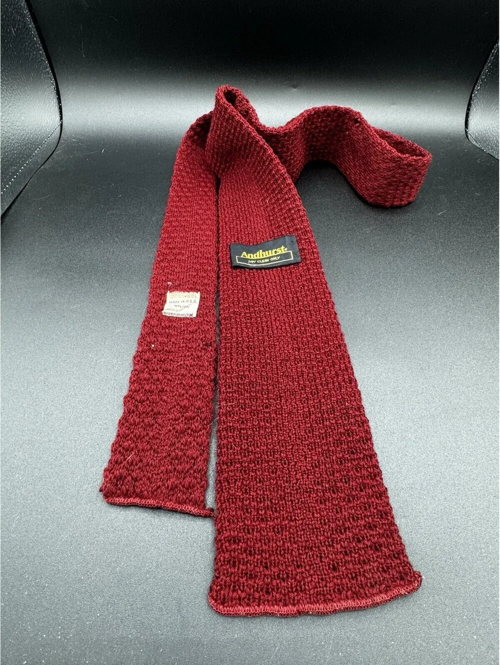 Vintage Andhurst Wool Knit Square End Tie Red USA 54” x 3.75” 60s 70s